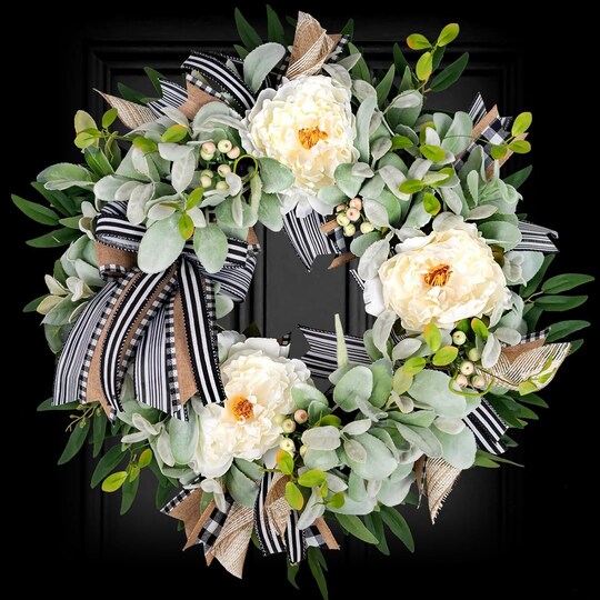 20" Lambs Ear Wreath for Front Door, Artificial Spring Summer Peony Farmhouse Wreath with Buffalo Plaid Bow, Green Handmade All Season Home Decor